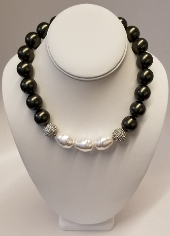 19" Dark Grey and White Pearl Necklace with Rhinestone Ball Clasp