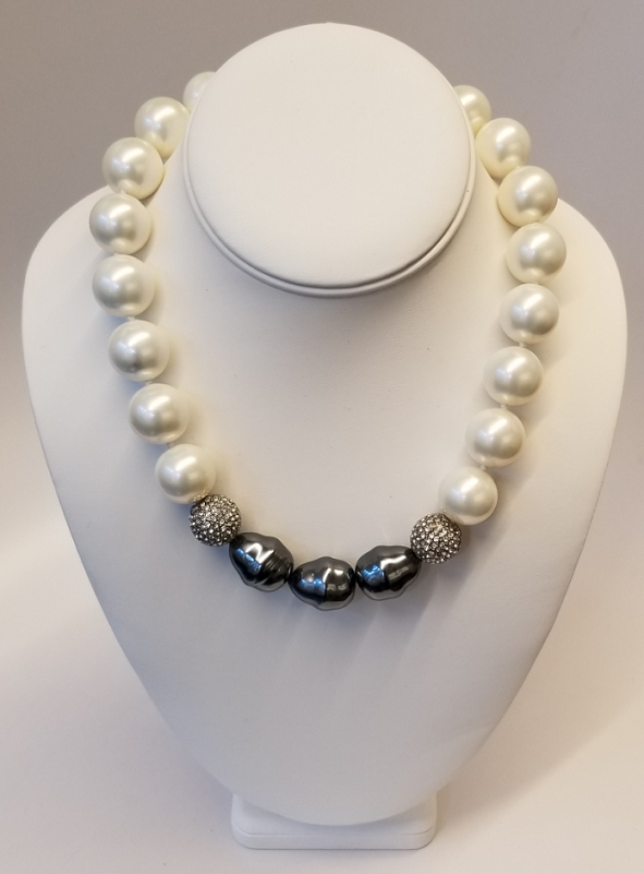 19" White and Dark Grey Pearl Necklace with Rhinestone Ball Clasp