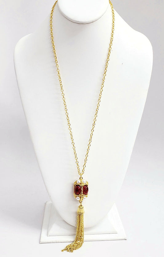 5" Gold Tassel w- Flawed Ruby Cabochons and White Pearls Pendant on 32" Gold Chain Necklace