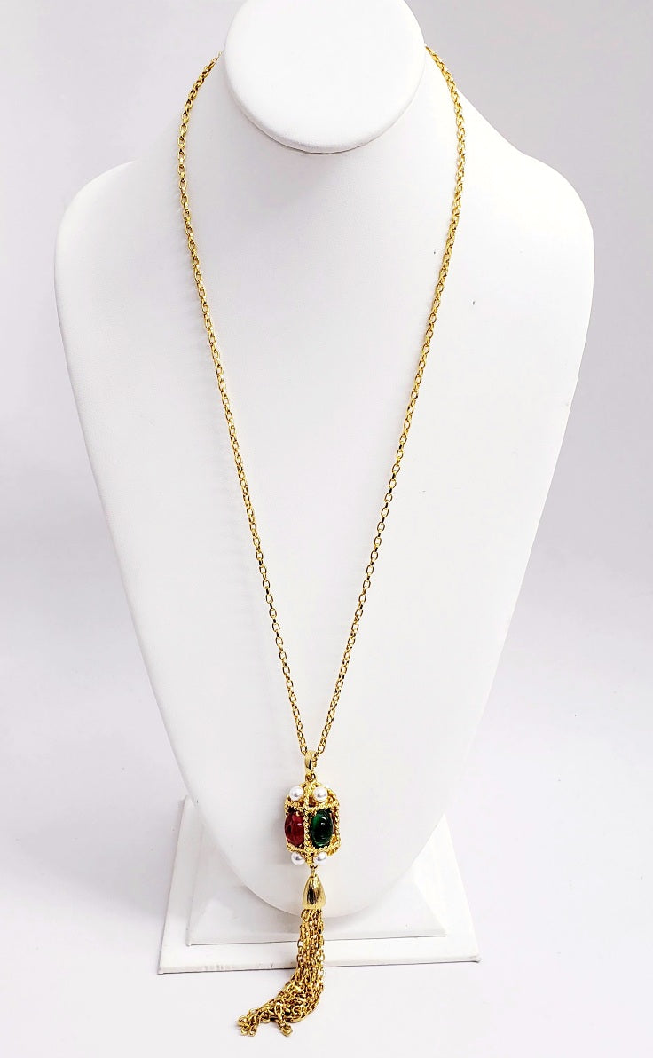 5" Gold Tassel w- Flawed Emerald- Ruby Cabochons and White Pearls Pendant on 32" Gold Chain Necklace