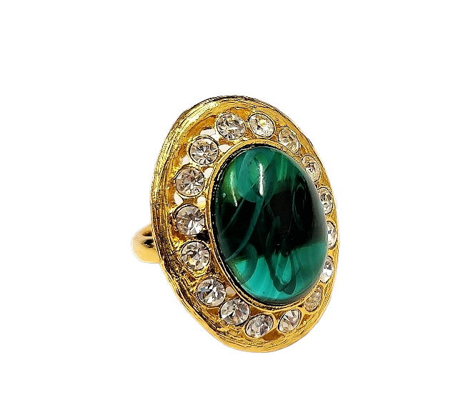 Gold with Rhinestone Oval Flaw Emerald Cabochon Center Ring