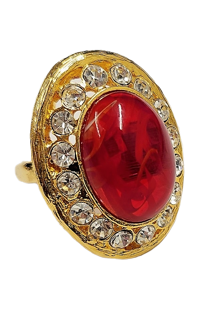 Gold with Rhinestone Oval Flaw Ruby Cabochon Center Ring