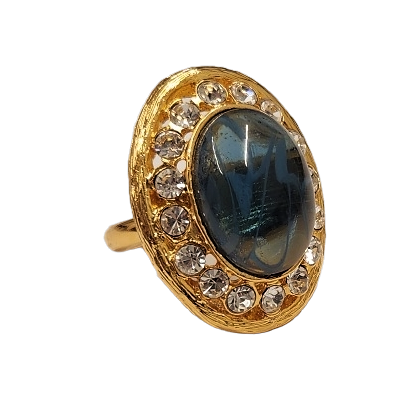 Gold with Rhinestone oval Flaw Sapphire Cabochon Center Ring