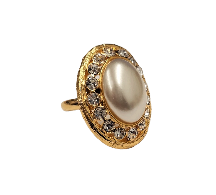 Gold with Rhinestone Oval Pearl Cabochon Center Ring