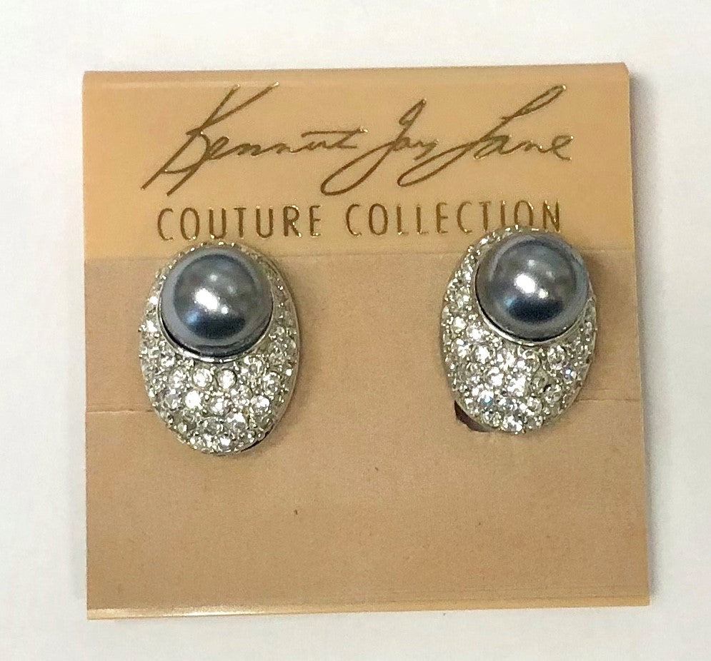 Rhodium Crystals And Gray Pearl Oval Button Clip Earring