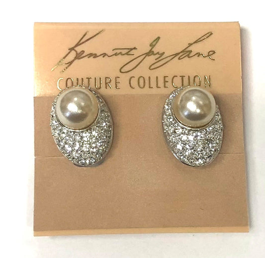 Rhodium Crystals And White Pearl Oval Button Clip Earring