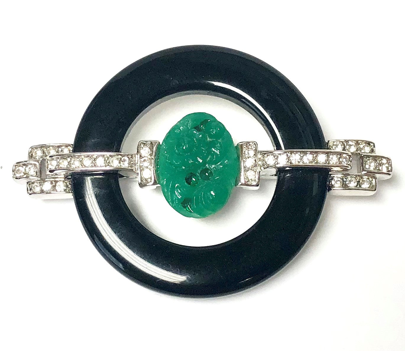 Rhodium Crystals-Black Ring-Jade Center Art Deco Pin