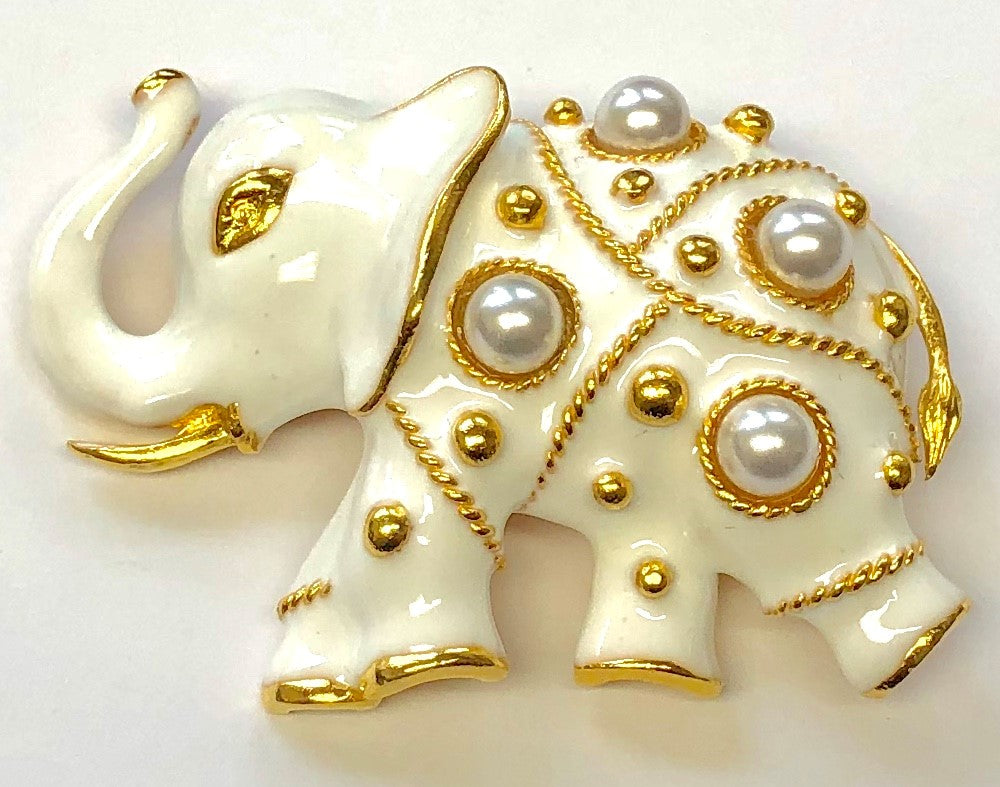 Gold White Enamel And Pearls Elephant Pin