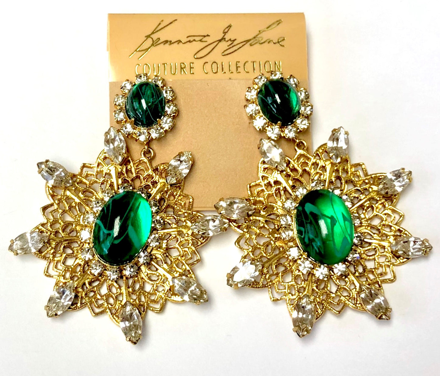 Antique Gold Crystals Flaw Emerald Cabochons Filigree Pierced Earring