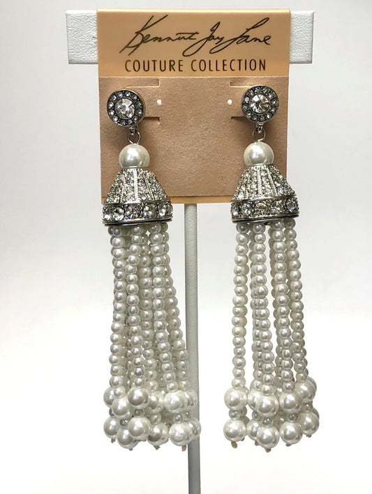 Rhodium Crystal White Pearl Tassel Pierced Earring