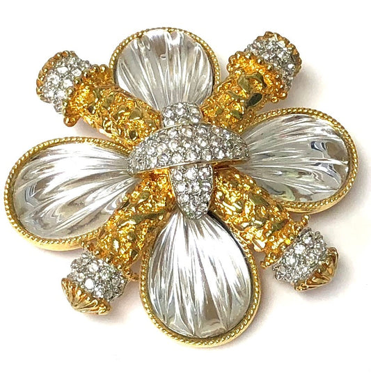Gold Two Tone Crystals And Clear Ribbed Cabochons Cross Pin
