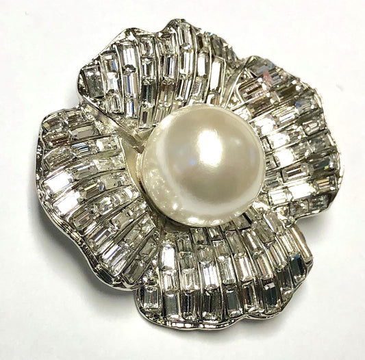Rhodium Baguette Crystals With Pearl Center Flower Pin