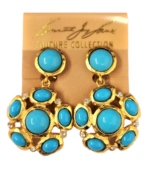 2" Satin Gold with Crystal Turquoise cab drop clip ear