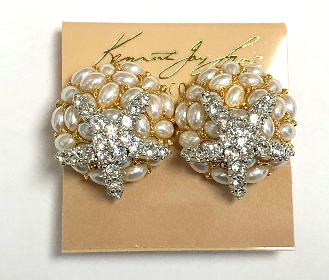 Gold White Pearls And Rhodium Crystal Starfish Clip Earring