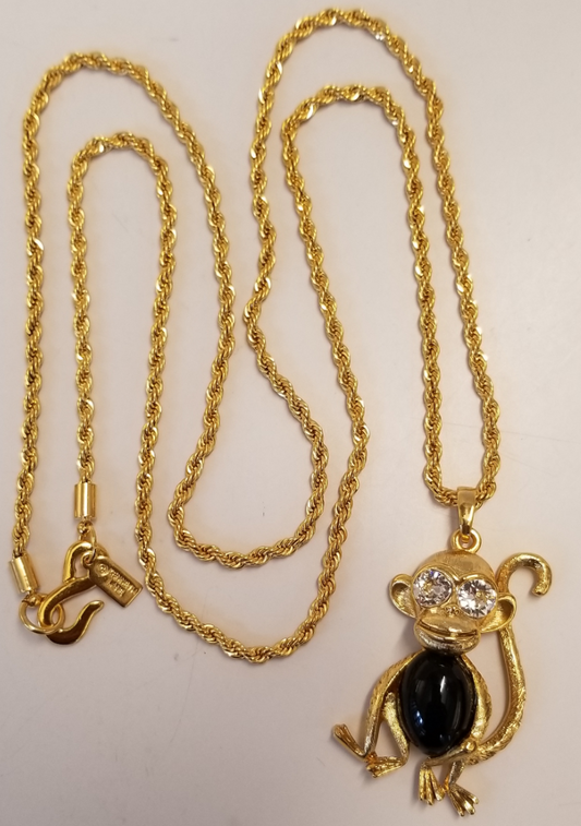 34" Gold Crystal Eye Black Monkey Necklace