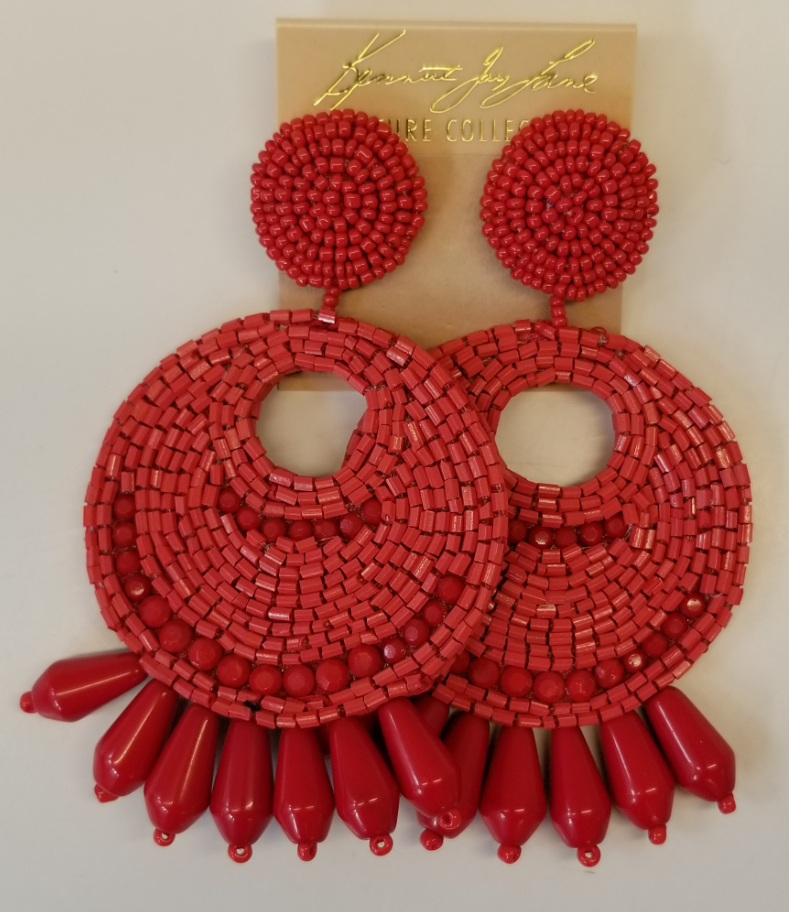 Dark Coral Beaded Button Top-Disc-Drop Pierced Ear