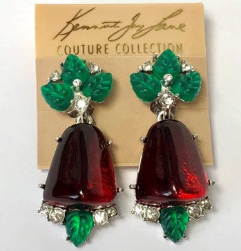 2" Tutti Frutti Emerald Leaves & Ruby Drop Clip Earring