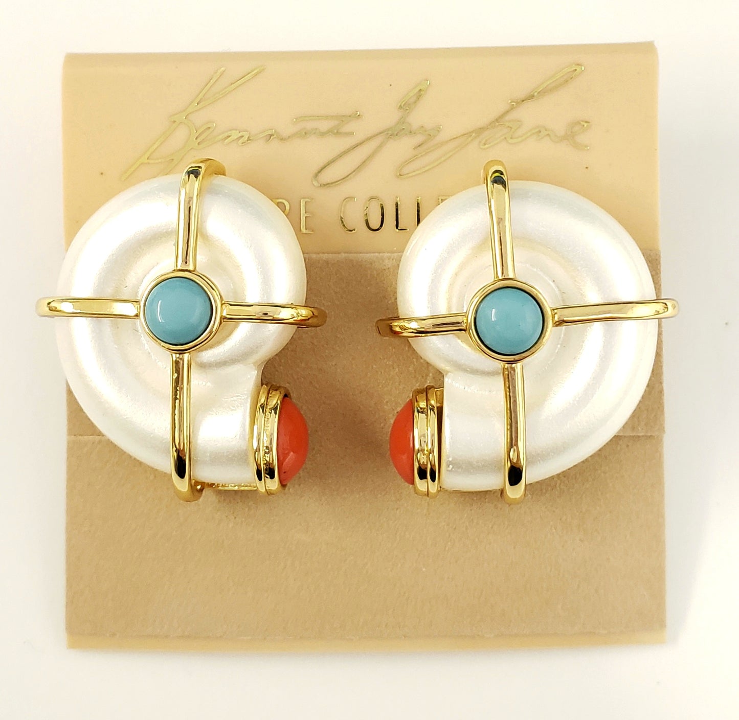 Gold with White Pearl- Turquoise Center & Dark Coral Tip Snail Clip Earring