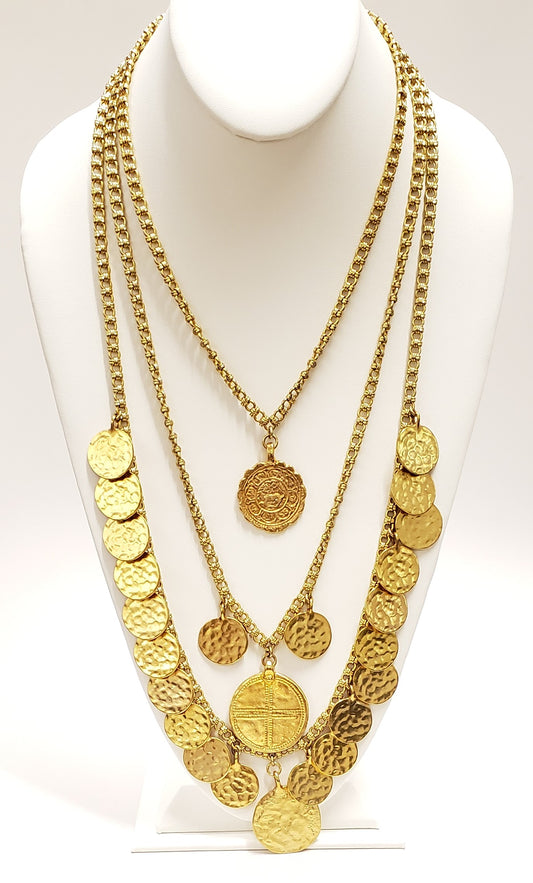 Satin Gold Tiered Chain Necklace With Large Coins