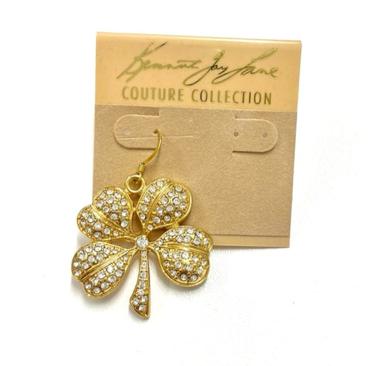Gold and Rhinestone Clover Fishhook Earring