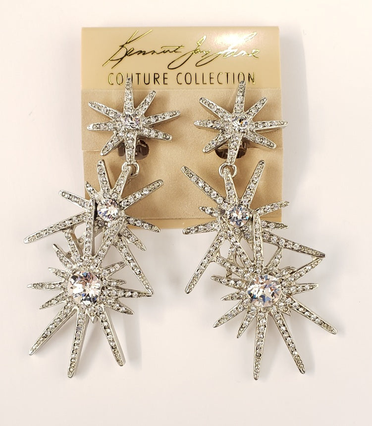 3" Rhodium Rhinestone 3 Starburst Clip Earring