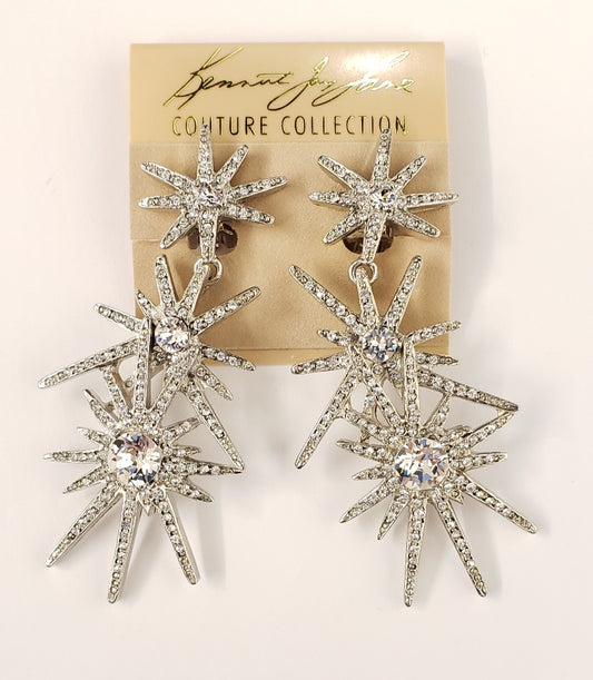 3" Rhodium Rhinestone 3 Starburst Clip Earring