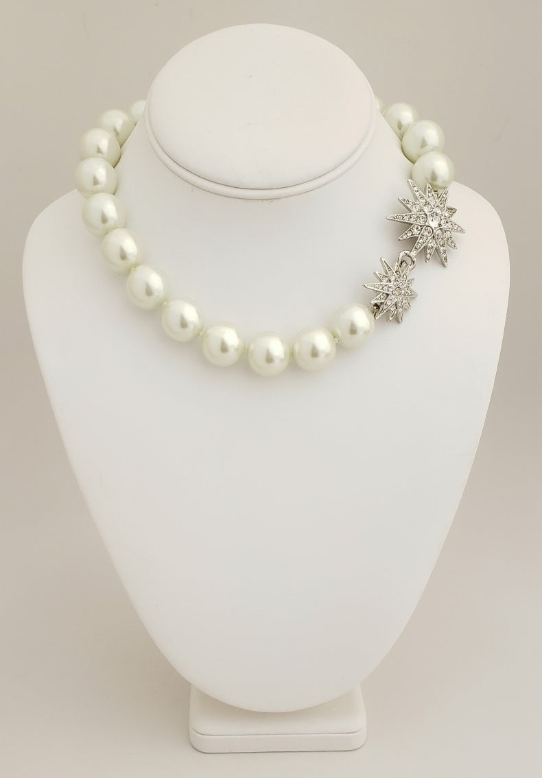 16" White Pearl Rhodium- Rhine Starburst Clasp Necklace