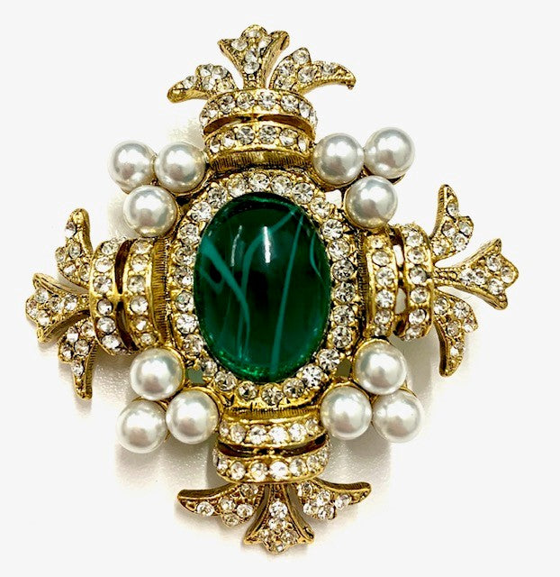 Gold with Crystal Pearl Clusters Cross Pin with Flaw Emerald Center