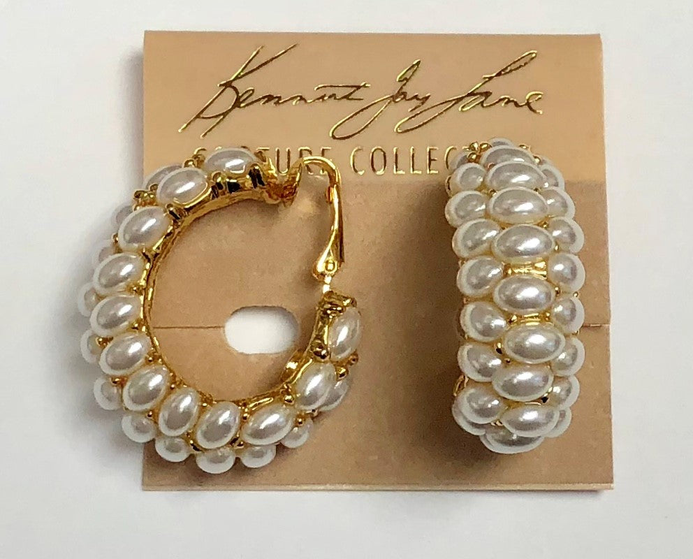 Gold White Pearl Cabachon Hoop Clip Earring