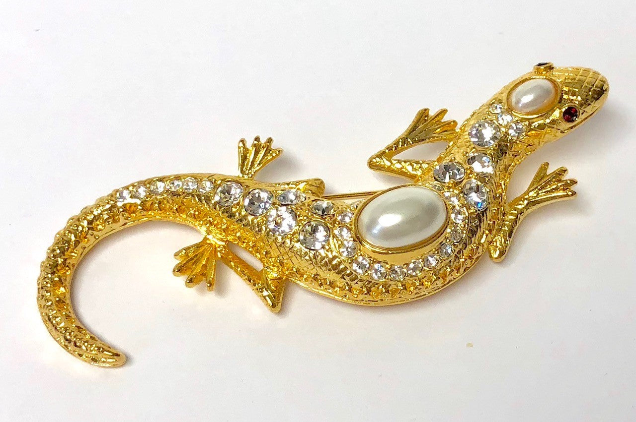Gold and Crystal White Pearl Lizard Pin