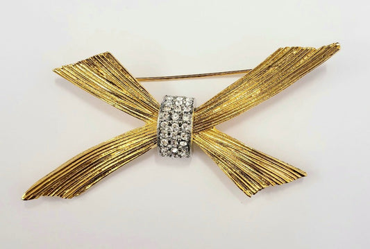 2 3-4"x 1 1-4" Gold Two-Tone with Crystal Center Bow Pin