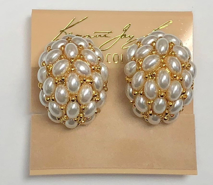 Gold Pearl Cabachon Cluster Hoop Clip Earring