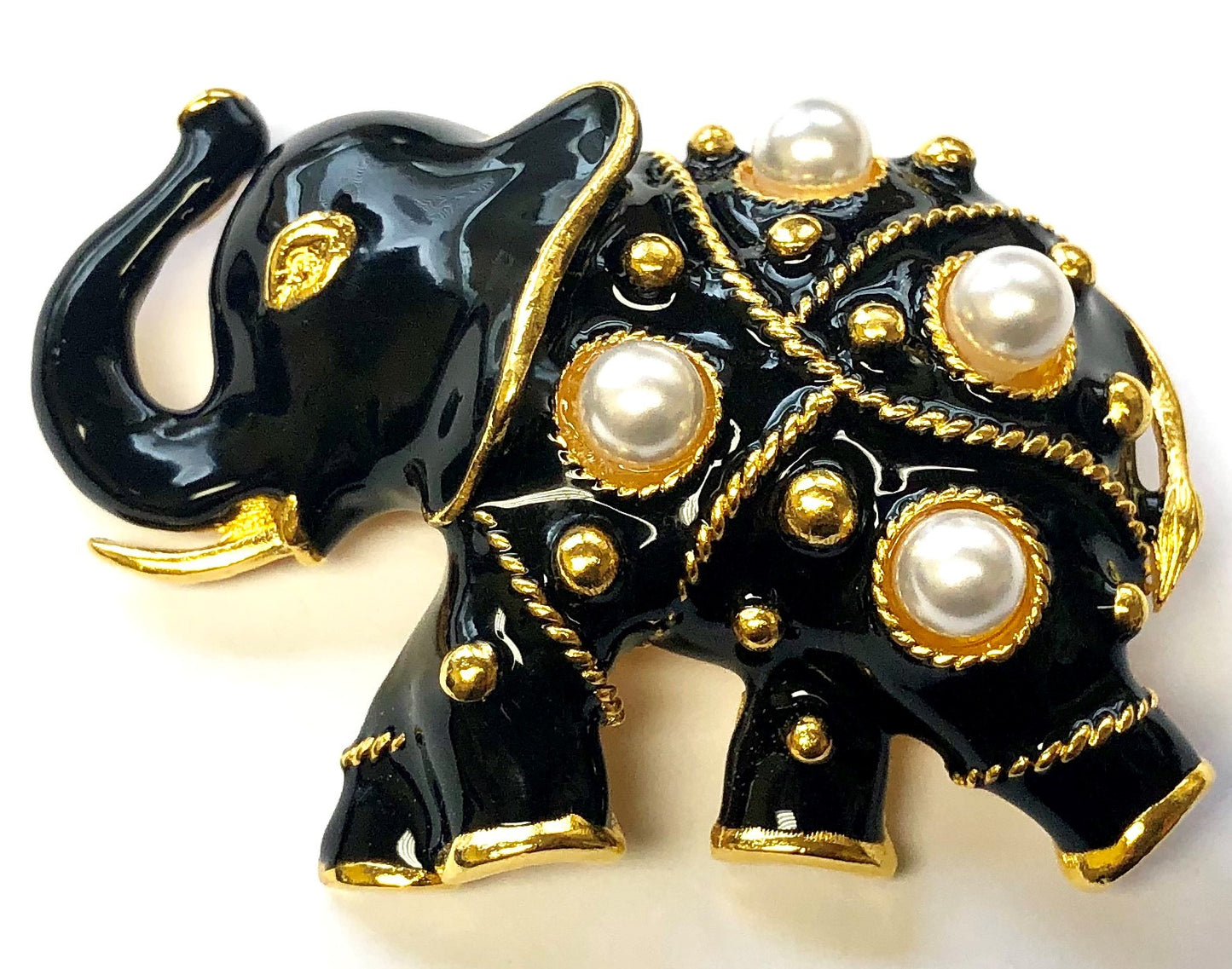 Gold Black Enamel And Pearls Elephant Pin