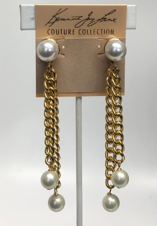 Gold 2 Row Chain With Pearls Pierced Earring