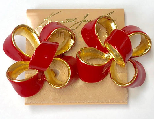 Gold With Red Enamel Large Bow Clip Earring