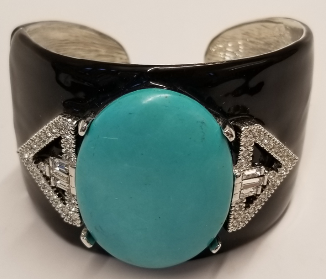 Black Enamel Rhodium-Rhinestone Turquoise Center Cuff