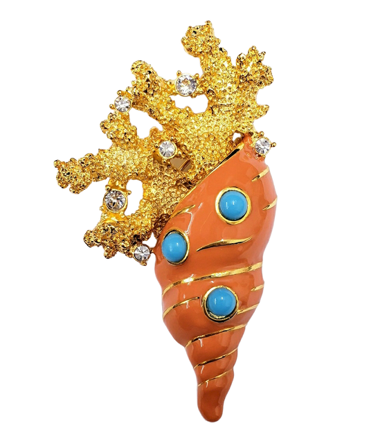 2 3-4" Gold Crystal Branch Top with Coral & Turquoise Shell Pin
