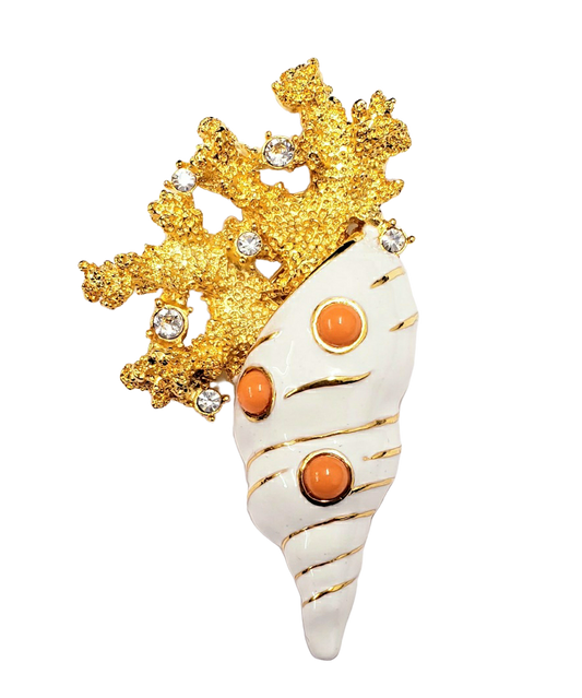 2 3-4" Gold Crystal Branch Top with White & Coral Shell Pin