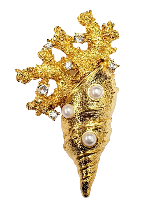 2 3-4" Gold Crystal Branch Top with Pearls Shell Pin
