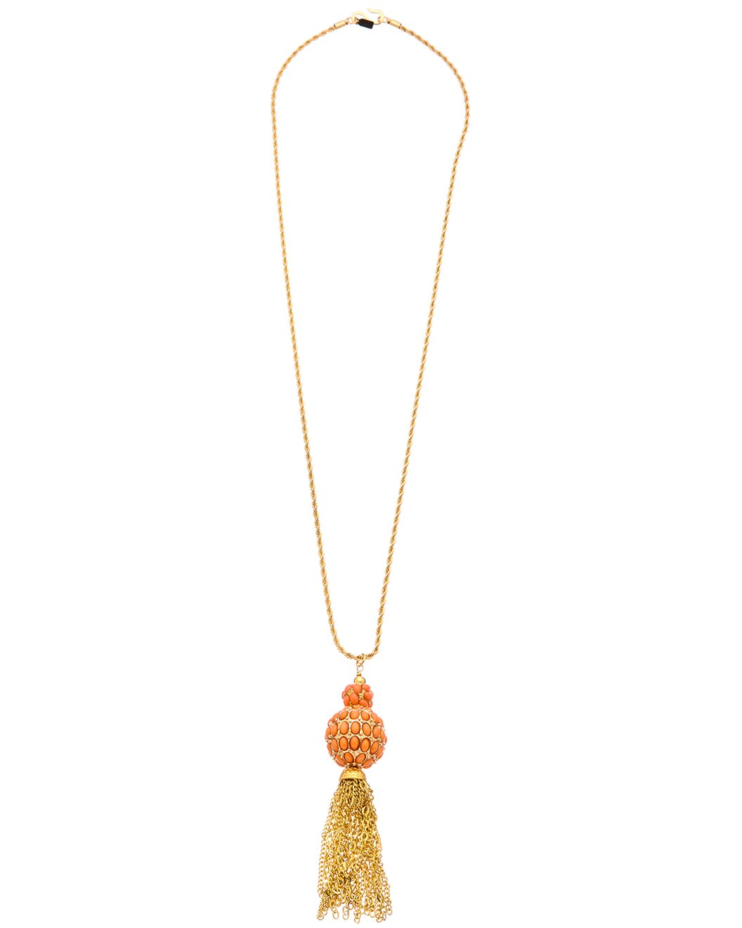 32" Gold Chain with Coral Cabochon Ball and Gold Tassel Necklace