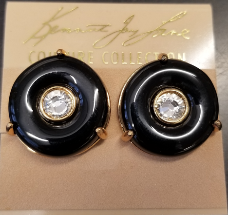Black and Crystal Round Button clip Earring
