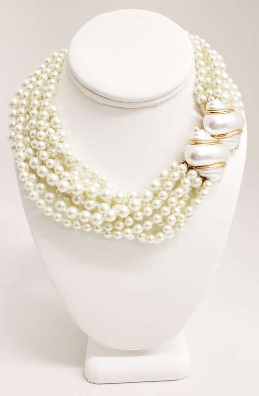 8 Row White Pearl with Gold Line Shell Clasp Necklace
