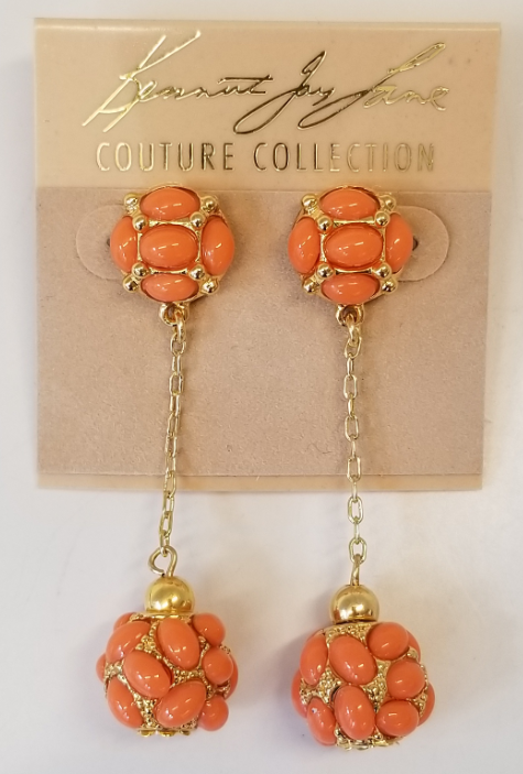 Polished Gold Chain Light Coral Cabachon Ball Drop Pierced Earring