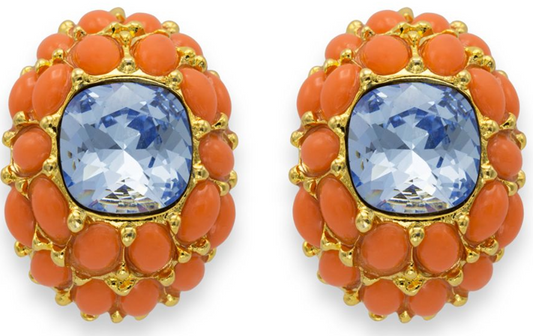 Coral Domed Cluster Clip Earring With an Aqua Center Stone