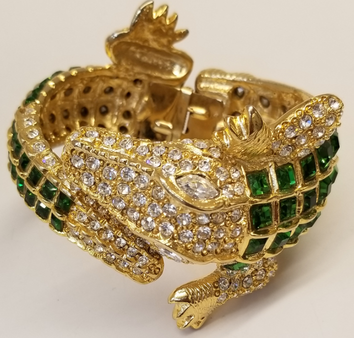 Gold Rhinestone Crystal Emerald Body Alligator Bracelet