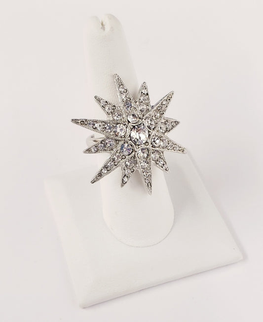Rhodium-Crystal Starburst Ring