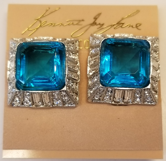 Silver, Crystal, and Aqua Center Square Clip Earring