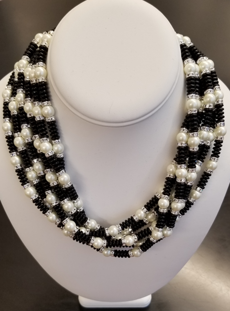 Six Row Pearl- Black- Rhinestone Torsade Necklace
