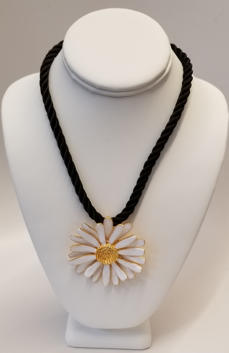 19" White Daisy On Black Cord Pendant Necklace