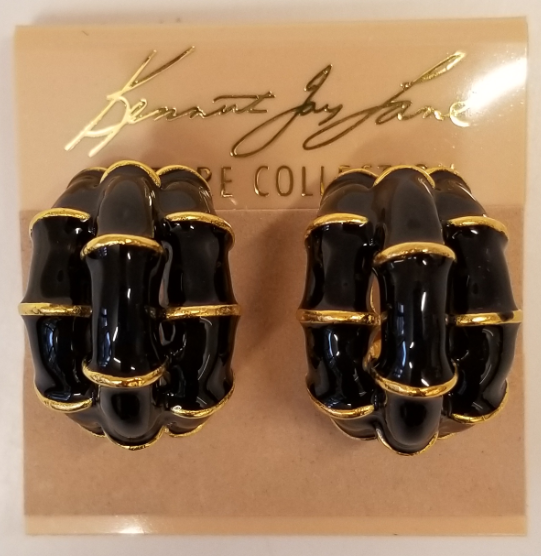 Gold Black Enamel Triple Bamboo Earring